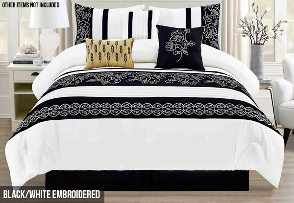 Black/White Embroidered Seven-Piece Comforter Set - Two Sizes Available