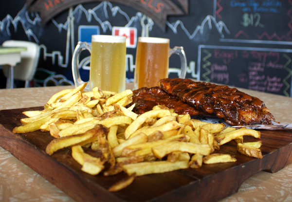 Two Al's Deli Gourmet Burgers OR Two Half Rack Ribs, One Regular Side of Fries & Two Craft Beers or House Wines