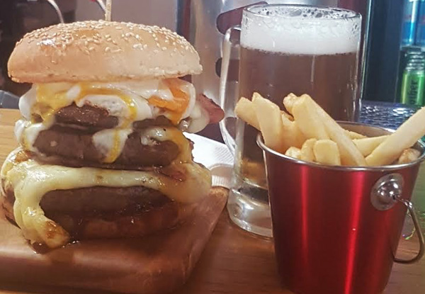 The Monster Burger, Fries & Your Choice of Tap Beer or House Wine