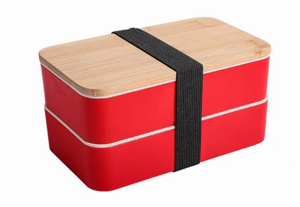 Double Layer Lunch Box with Wood Lid & Cutlery - Available in Four Colours