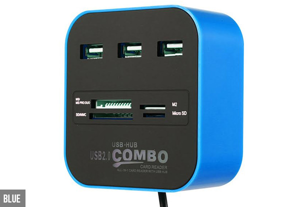 Memory Card Reader with Three USB Hubs - Three Colours Available with Free Delivery