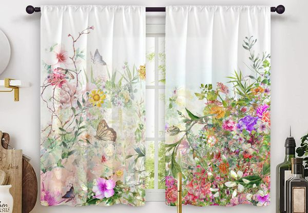 Two-Piece Rod Plant Floral Kitchen Curtains - Available in Three Styles & Three Sizes