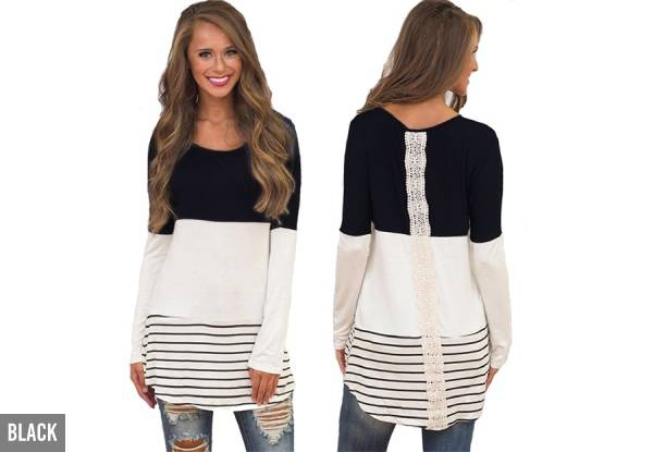 Striped Long Sleeve Top with Lace Detail - Four Colours & Sizes Available with Free Delivery