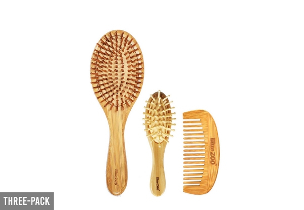 Three-Pack Bamboo Hair Brush & Comb Set - Option for Six-Pack