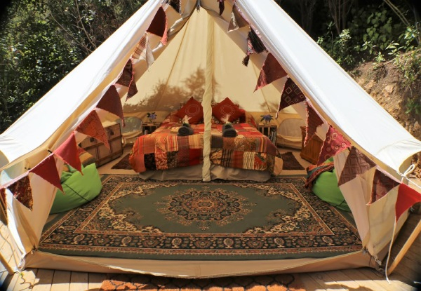 Two-Night Mid-Week Romantic Waihi Glamping Experience in the Wild for Two incl. Outdoor Spa Bath Package & Late Checkout - Option for Weekend Package or for Three Nights