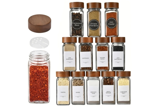 24-Piece Square Glass Spice Jar Set with Wooden Lids