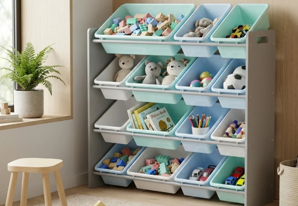 Toy Storage Organiser with 12 Plastic Bins