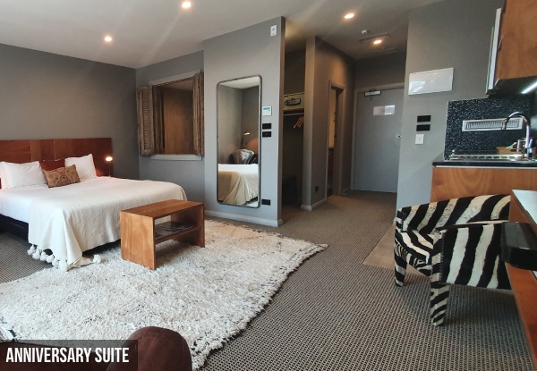 One-Night Romantic New Plymouth Escape for Two People in a Premium Lux, Anniversary or Left Wing Spa Suite incl. Food & Beverage Credit, Cheese Platter & Bottle of Wine - Option for Two Nights