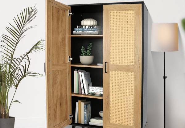 Tall Bedroom Storage Cabinet with Rattan Doors