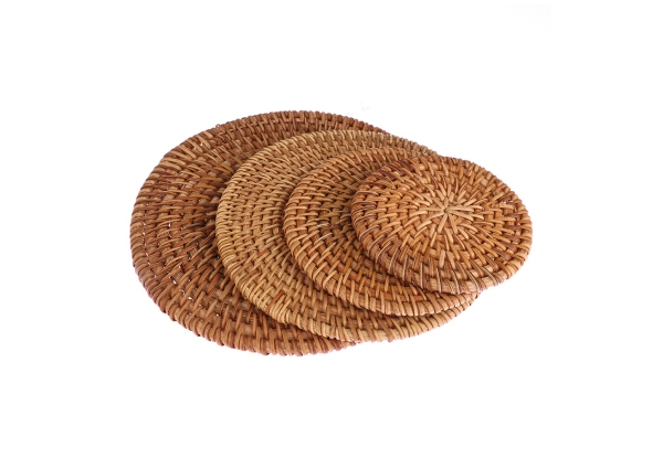 Four-Pack of Round Natural Rattan Coasters - Five Sizes Available