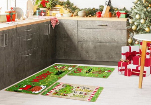 Three-Piece Christmas Washable Non-Slip Kitchen Mat Set - Four Styles Available