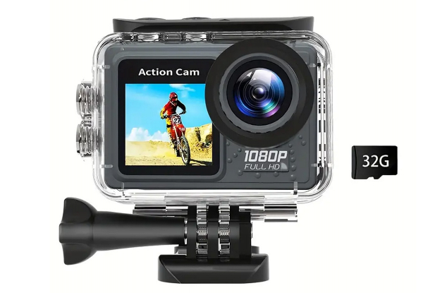 Water-Resistant 1080P WiFi Action Camera Incl. 32GB Card