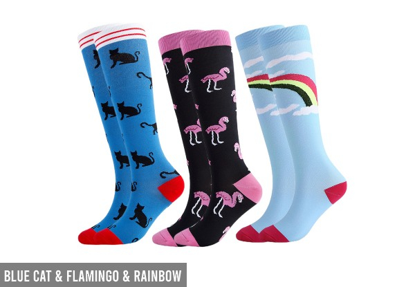 Three-Pairs Womens 15-20 mmhg Compression Socks - Eight Designs & Three Sizes Available