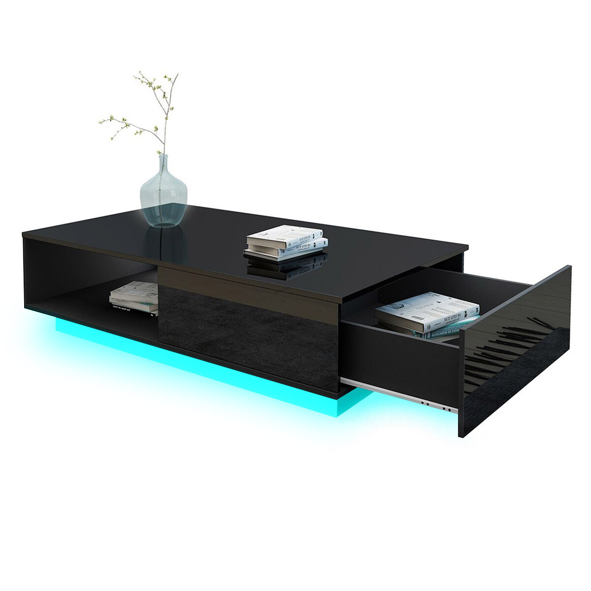 High-Gloss LED Rectangle Coffee Table with Drawer - Two Colours Available
