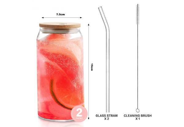 Two-Pack Drinking Glass Cup with Bamboo Lid & Straw Set