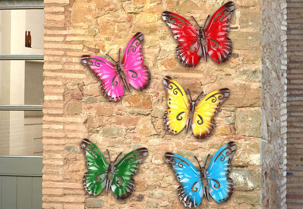 Five-Piece Colourful Metal Butterfly Wall Decor Set - Option for Two Sets