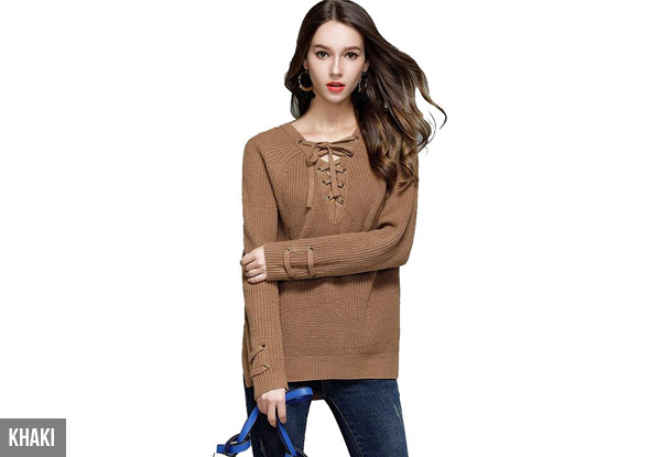 Lace-Up Front Knit Sweater - Five Colours & Sizes Available with Free Delivery