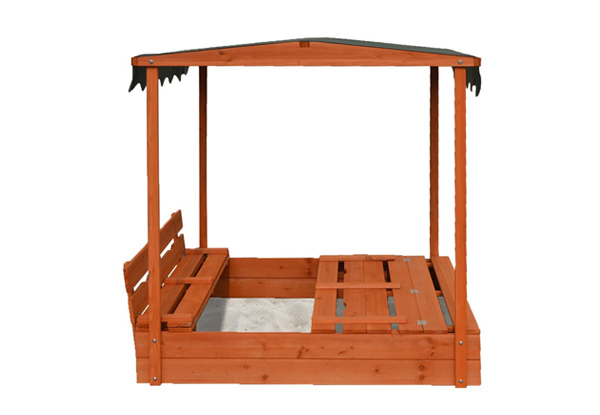 Wooden Sandpit with Two Bench Seats & Sun Shade