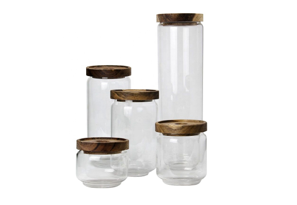 Acacia Lid Glass Storage Canister - Five Sizes Available & Option for 10 Jar Bundle