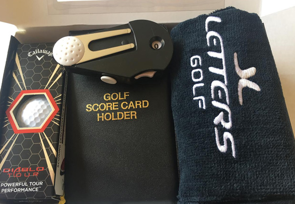 Eight-Piece Golf Accessory Box incl. Three Golf Balls, Golf Towel, 5-in-1 Golf Tool, Scorecard Holder, Gold Pencil & Divot Tool