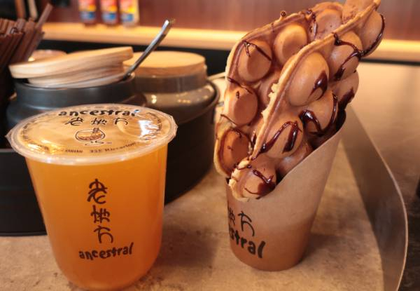 Milk/Green Tea with Boba & Wheelcake or Kaya Bao - Option for Coffee, Two Wheel Cakes or Egg Bubble Waffle or Boba Bear's Signature Drinks with Toppings for Two People