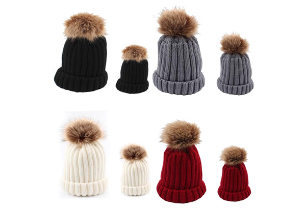 Parent & Baby Pom Pom Hat Set - Five Colours Available with Free Delivery