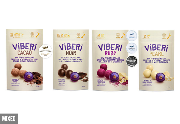 Pack of Five ViBERi Organic Chocolate-Rolled Blackcurrants - Four Flavours Available