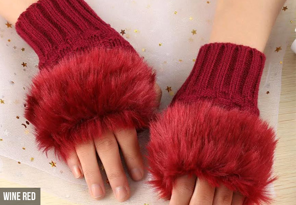 Pair of Knitted Faux Fur Fingerless Gloves - Five Colours Available