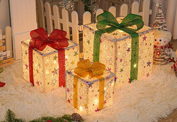 Three LED Light-Up Gift Boxes Christmas Parcel Decoration - Two Styles Available