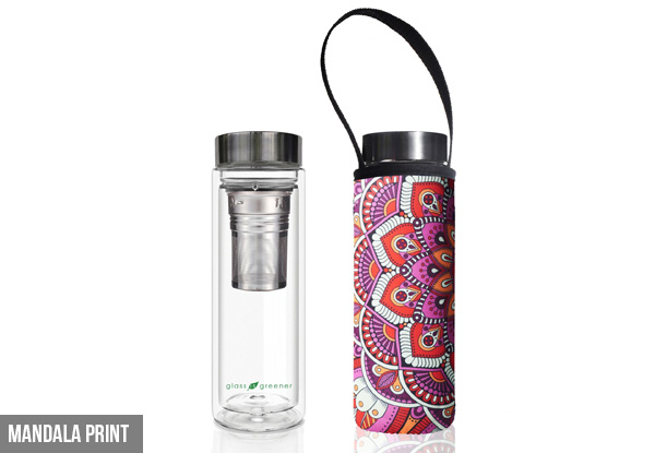 BBBYO 500ml Glass in Greener Double Wall Thermal Tea Flask with Carry Cover - Six Styles Available