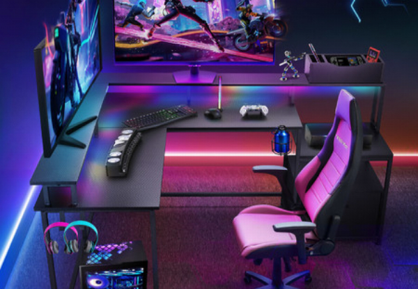 RGB L-Shaped Corner Gaming Desk with Shelves