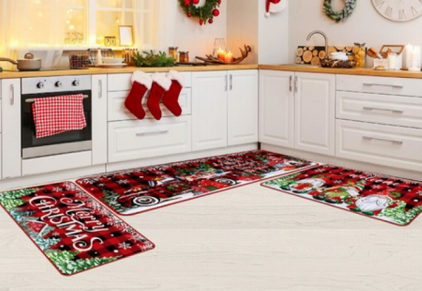 Three-Piece Christmas Washable Non-Slip Kitchen Mat Set - Four Styles Available