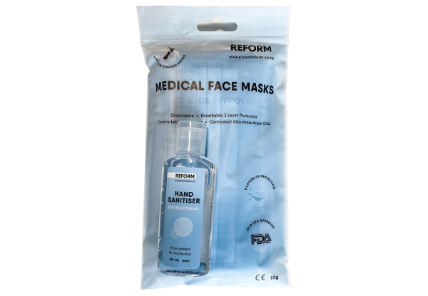 20-Pack of Disposable Face Masks & 60ml Sanitiser Bundle - Option for 50-Pack Face Masks & 236ml Sanitiser Bundle