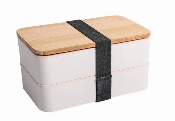 Double Layer Lunch Box with Wood Lid & Cutlery - Available in Four Colours