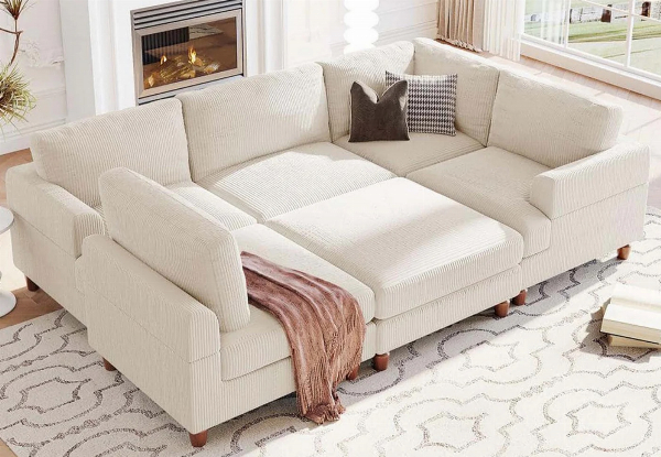 Sondra Corduroy Combination Sofa Set with Movable Ottoman - Available in Two Colours