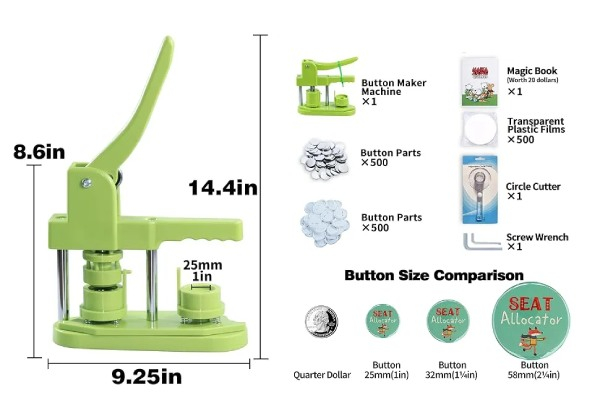 25mm 1-inch Button Maker Machine with 500pcs Button Parts & Circle Cutter & Magic Book