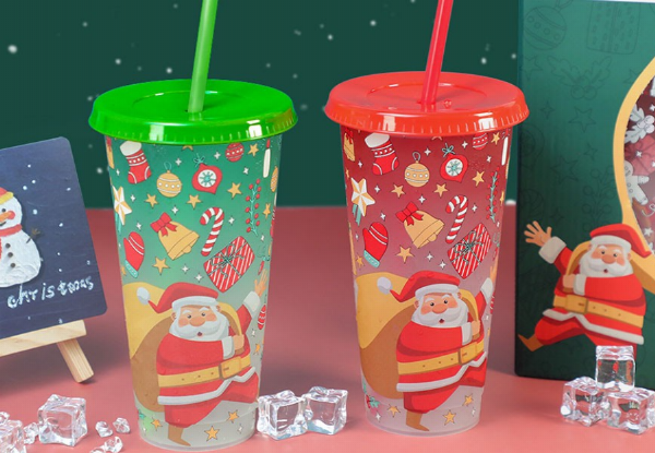 Two-Piece Christmas Colour Changing Cups with Lids & Straws