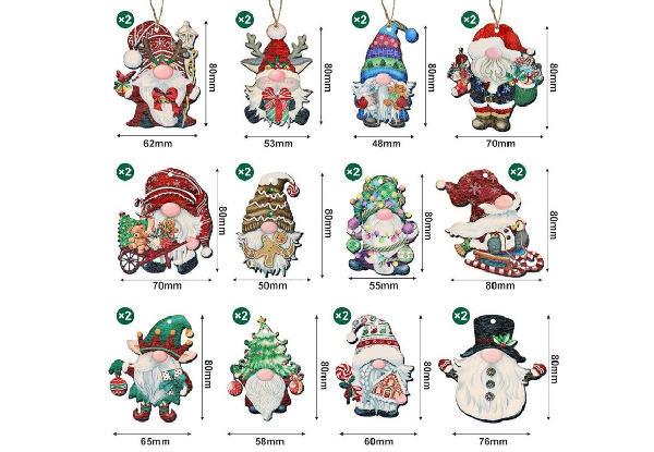 24-Piece Christmas Hanging Wooden Gnome Ornaments - Two Styles Available