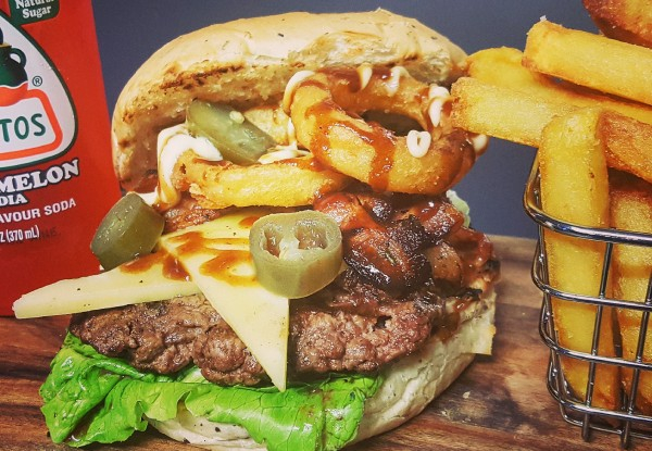 Gourmet Burger & Chips Combo at the Flaming Onion - Option for Two People - Three Locations
