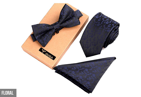 Three-Piece Tie, Bow Tie & Pocket Square Set - Nine Styles Available