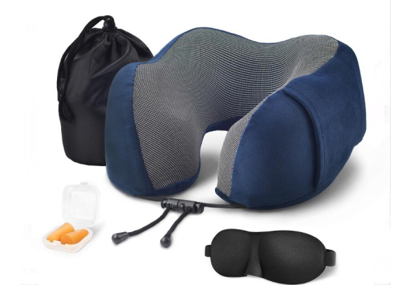 Memory Foam Travel Pillow Set with 3D Contoured Eye Masks & Earplugs - Five Colours Available