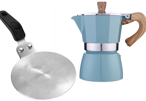 Stovetop 150ml Coffee Moka Pot with 13cm Induction Adapter Plate - Available in Three Colours