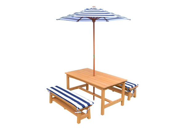 Kids Sized Wood Outdoor Picnic Table & Umbrella Set