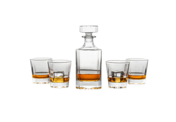 Novare Whiskey Decanter Bottle with Four Whiskey Glasses Set - Two Options Available