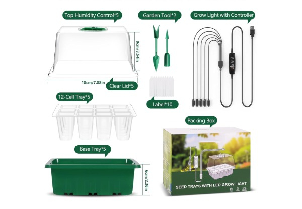 Five-Pack Seed Starter Kit with LED Grow Light