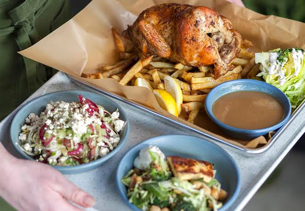 One Whole Rotisserie Chicken Served with Hand Cut Fries & Slaw with Choice of Two Seasonal Sides for Two to Four People - Option to incl. One Jug of Local Tap Beer or Carafe of Wine