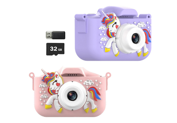 Kids 1080P HD Unicorn Digital Camera Incl. 32G Memory Card - Available in Three Colours & Option for Two-Pack