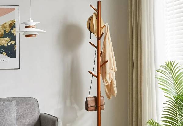 Wooden Coat Tree with Eight Hooks