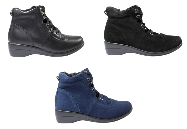 Women’s Ankle Lace Up Boot with Low Wedge - Three Styles Available