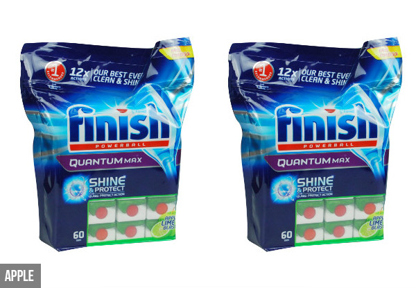 Two Packs of 60 Finish Quantum Max Dishwasher Tablets - Options for Apple or Lemon Scented